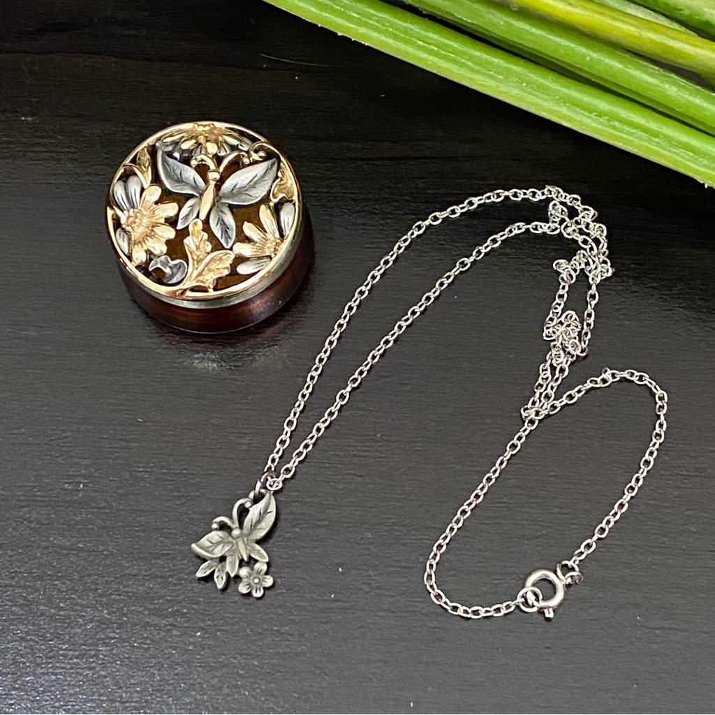 Vintage Torino Butterfly Flower Mini Pendant Pewter Necklace With Ornate Case